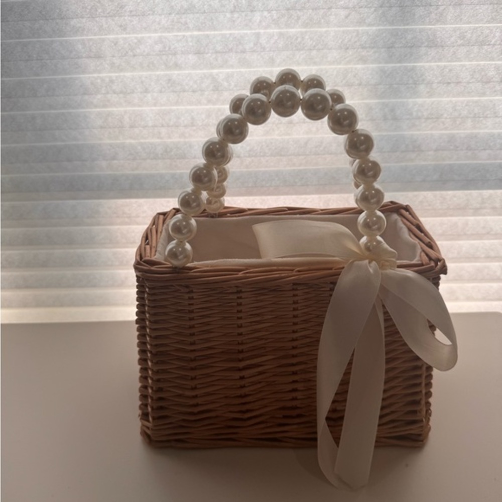 Cream and Brown Mini Basket Bag with Beaded Handle
